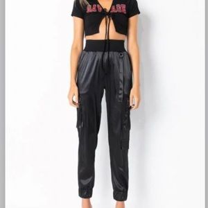 NWT Black Satin Cargo Joggers